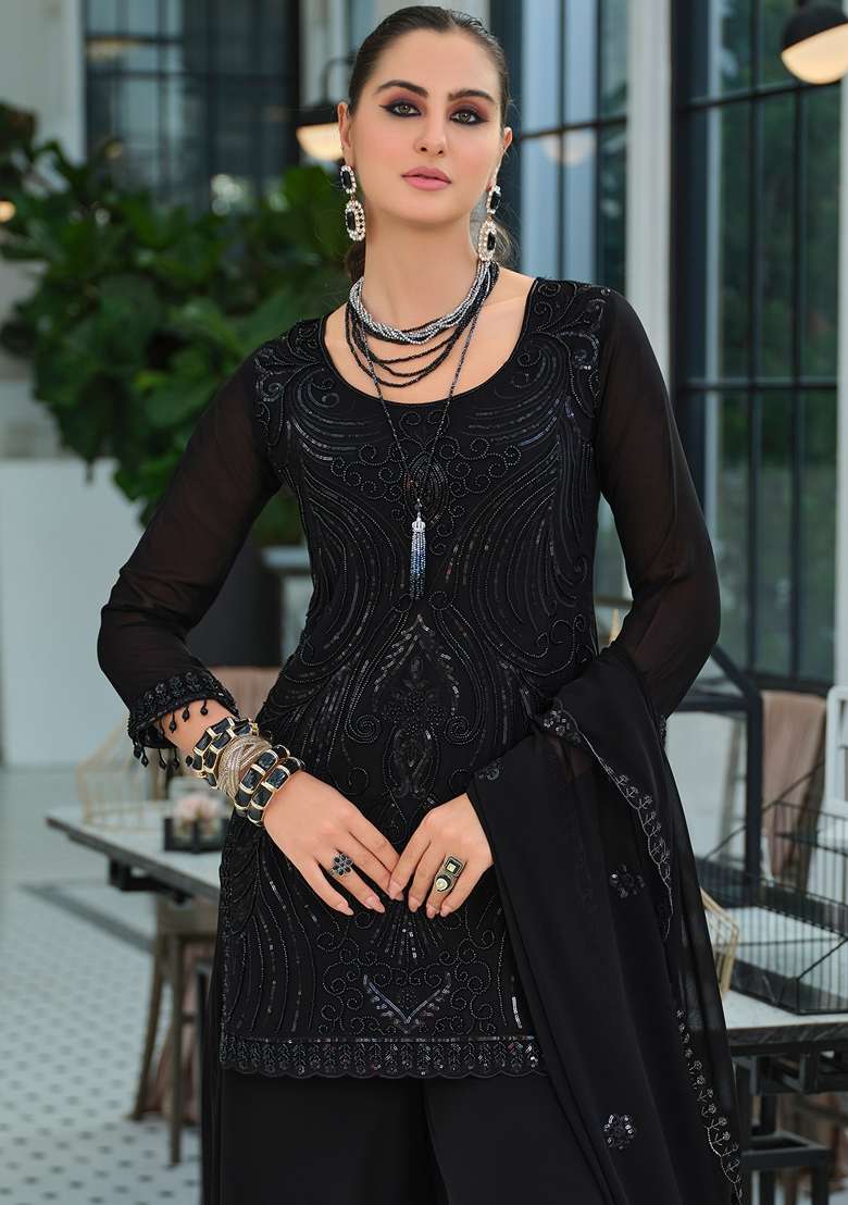 Black Embroidered Georgette Kurta Set - Indya