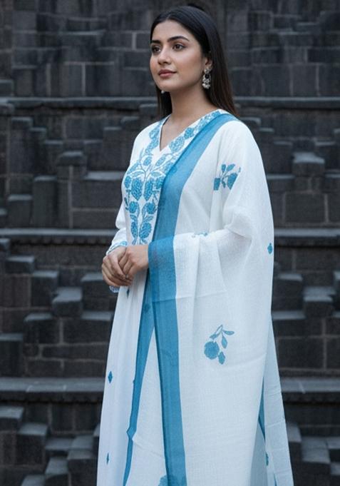 White Embroidered Viscose Kurta Set
