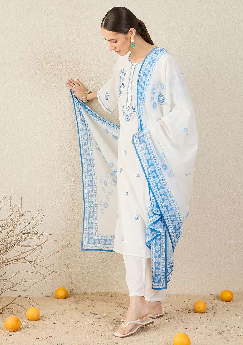 White Embroidered Cotton Kurta Set - Indya
