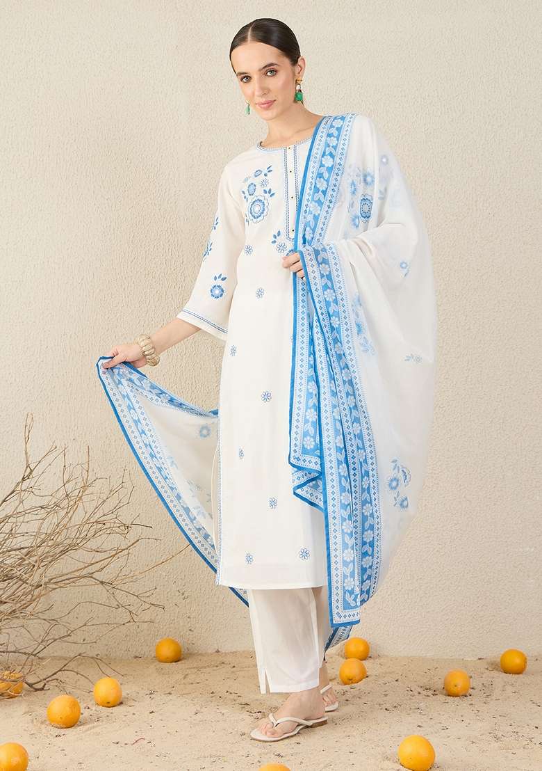 White Embroidered Cotton Kurta Set - Indya