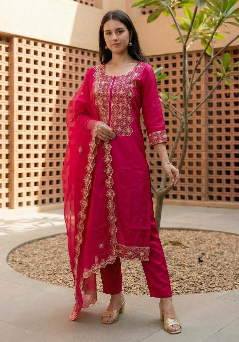 Pink Embroidered Silk Kurta Set