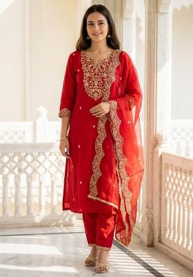 Red Embroidered Liva Kurta Set