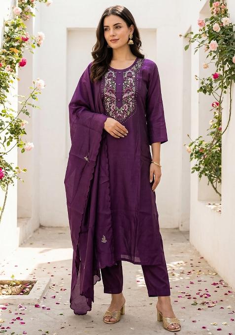 Burgundy Embroidered Silk Kurta Set