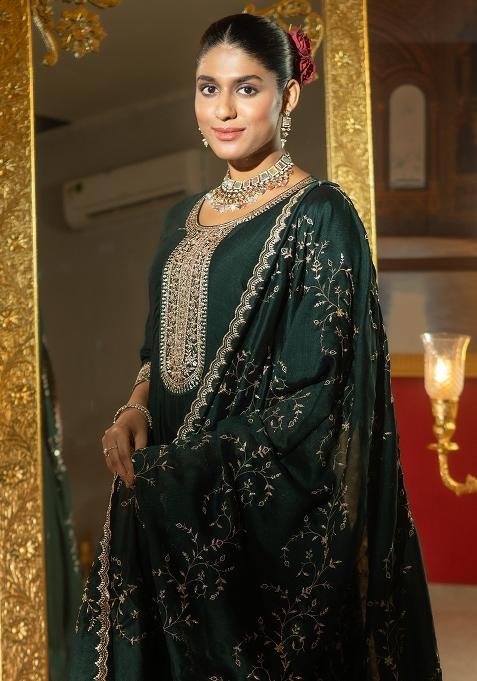 Green Embroidered Silk Kurta Set
