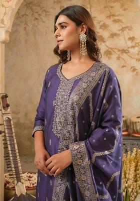 Purple Embroidered Silk Kurta Set