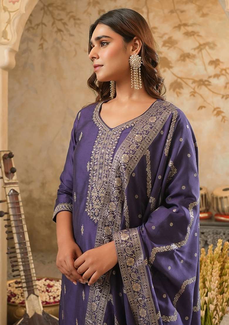 Purple Embroidered Silk Kurta Set - Indya