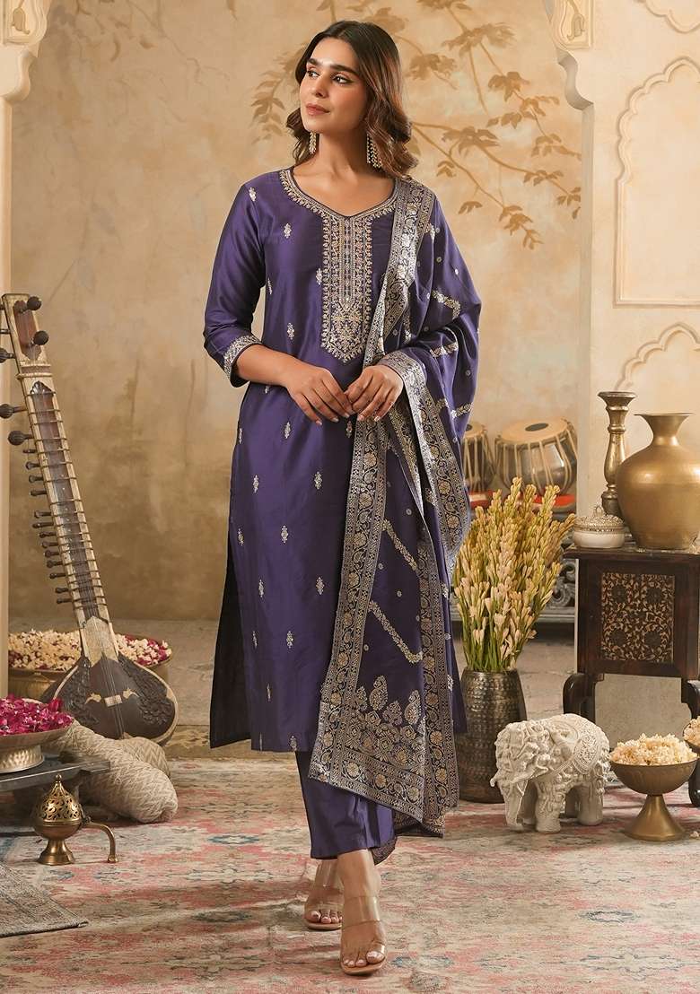 Purple Embroidered Silk Kurta Set - Indya
