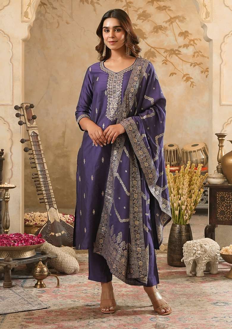 Purple Embroidered Silk Kurta Set - Indya