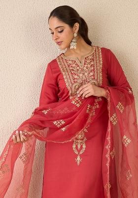 Red Embroidered Silk Kurta Set