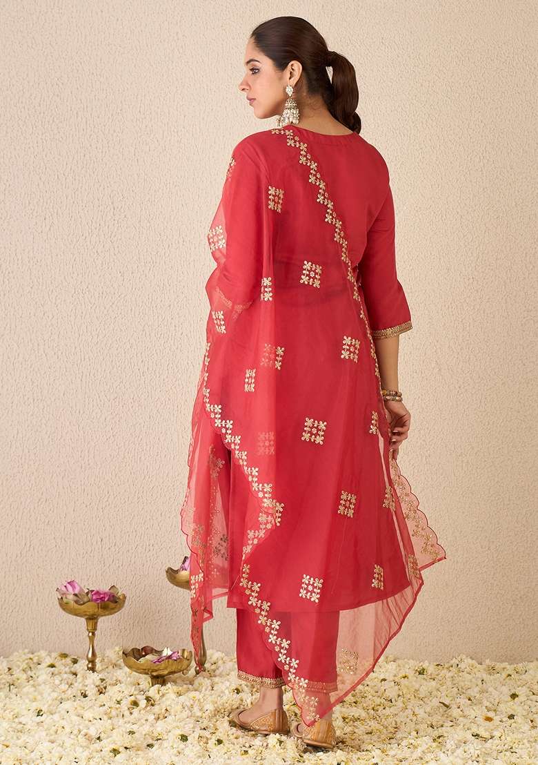 Red Embroidered Silk Kurta Set - Indya