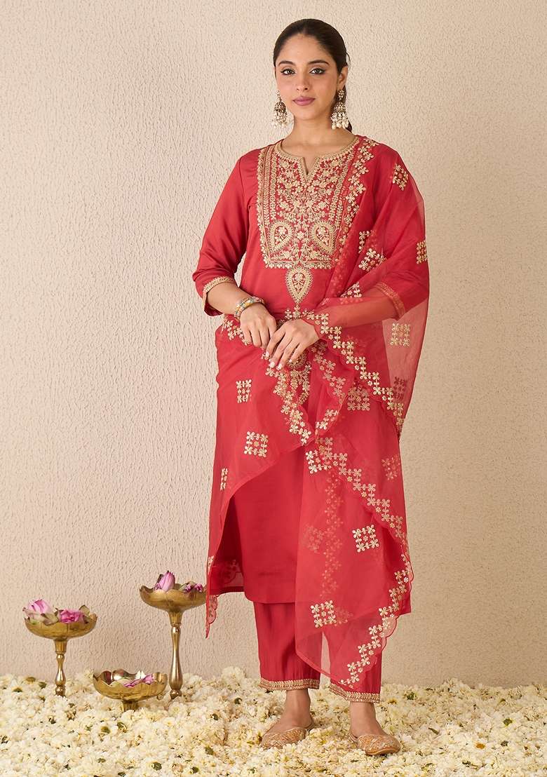 Red Embroidered Silk Kurta Set - Indya