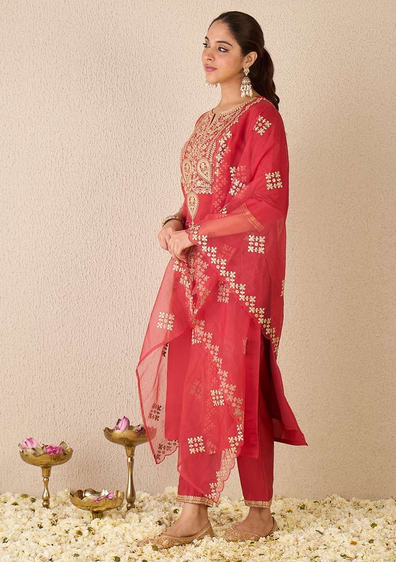 Red Embroidered Silk Kurta Set - Indya