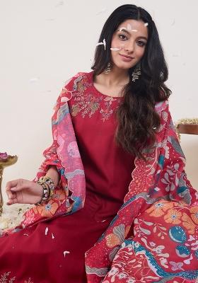 Pink Embroidered Viscose Kurta Set