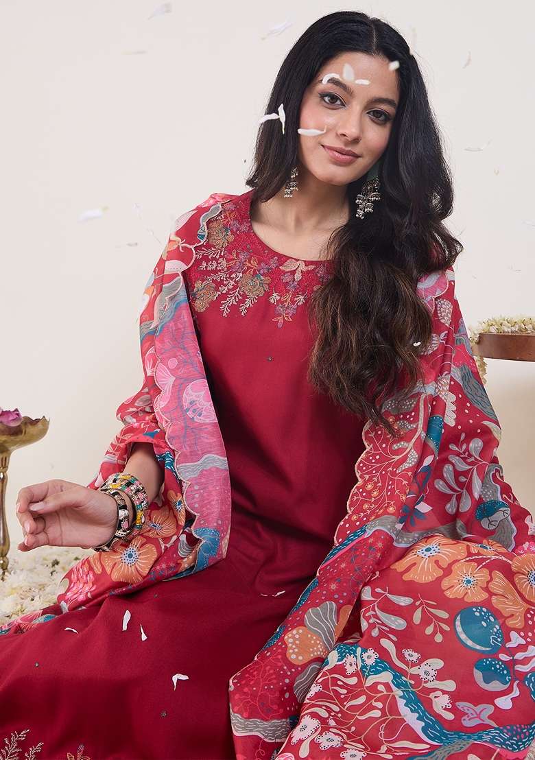Pink Embroidered Viscose Kurta Set - Indya