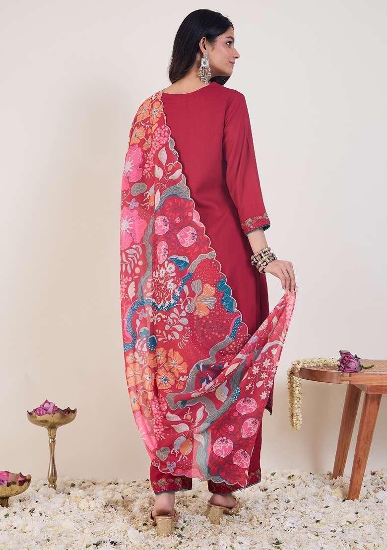 Pink Embroidered Viscose Kurta Set - Indya