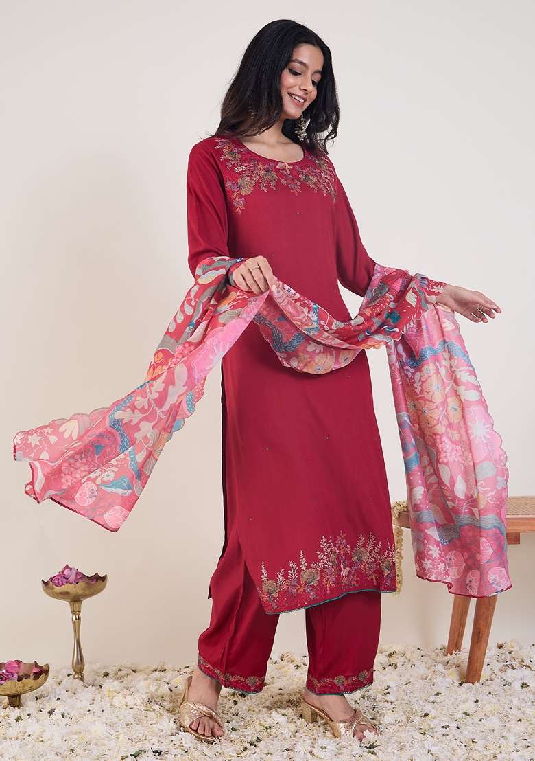 Pink Embroidered Viscose Kurta Set - Indya
