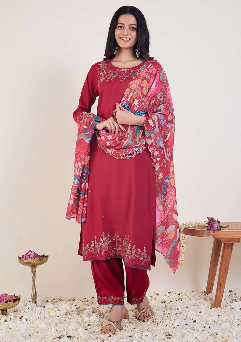 Pink Embroidered Viscose Kurta Set - Indya