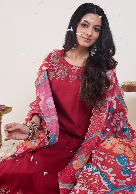 Pink Embroidered Viscose Kurta Set