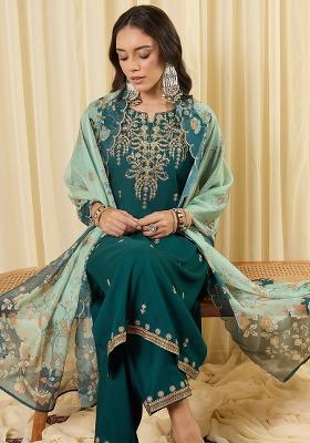 Teal Embroidered Viscose Kurta Set