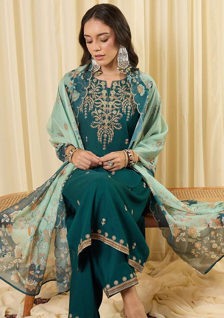 Teal Embroidered Viscose Kurta Set - Indya