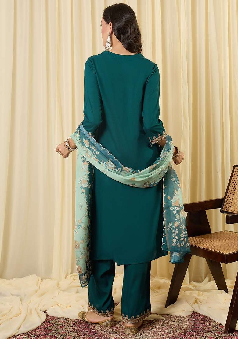 Teal Embroidered Viscose Kurta Set - Indya