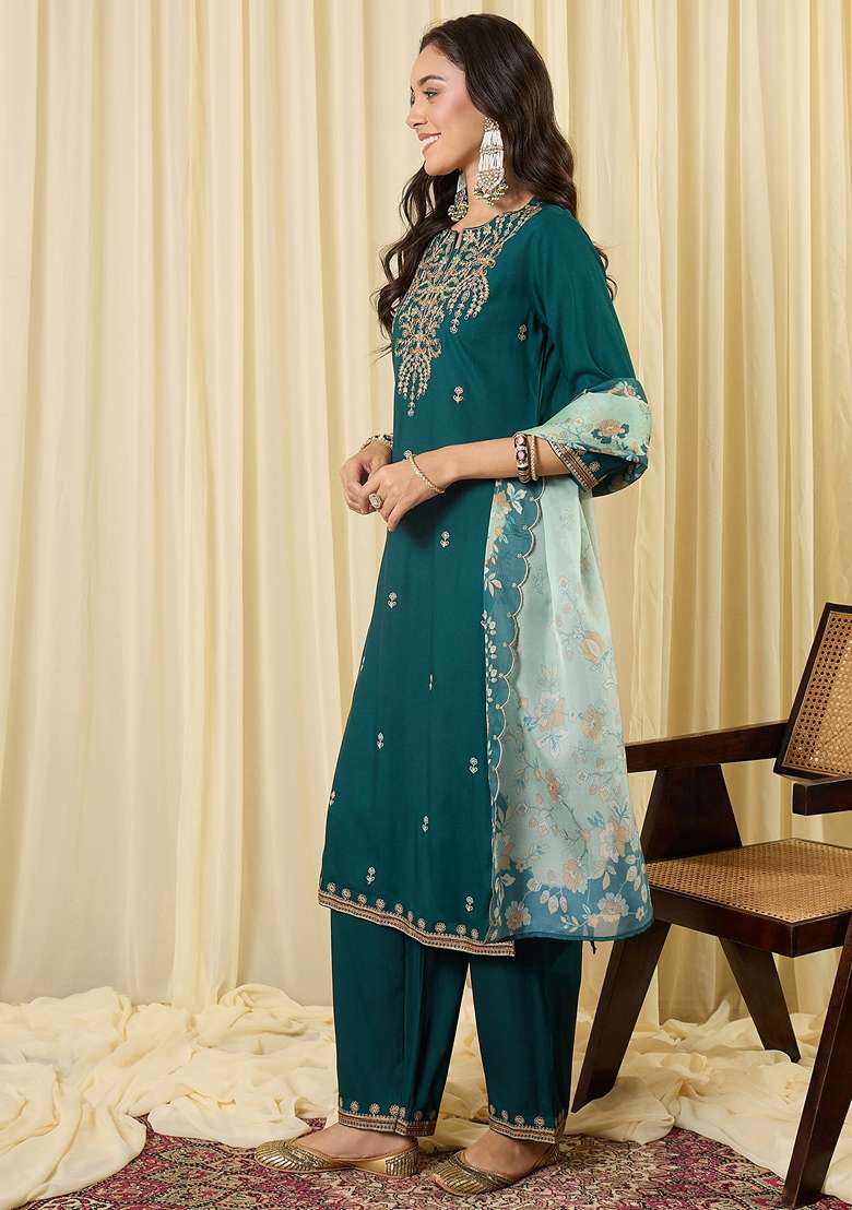 Teal Embroidered Viscose Kurta Set - Indya