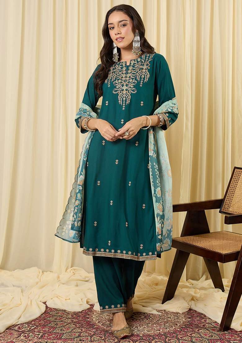Teal Embroidered Viscose Kurta Set - Indya