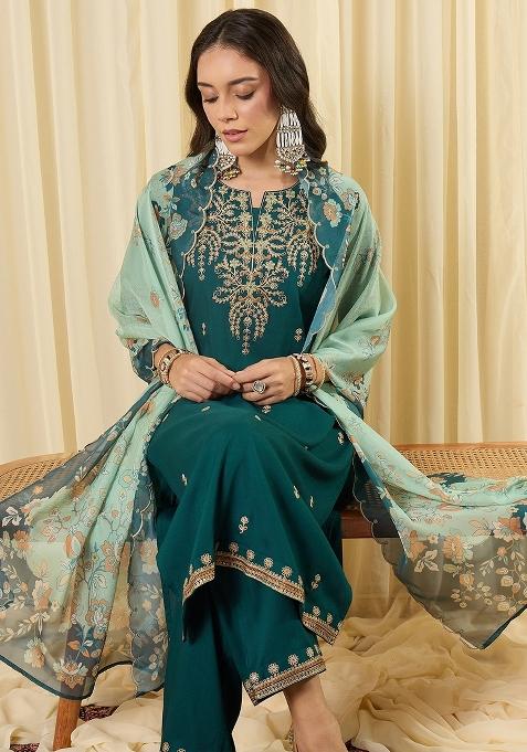 Teal Embroidered Viscose Kurta Set