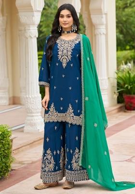 Navy Blue Embroidered Chinon Kurta Set
