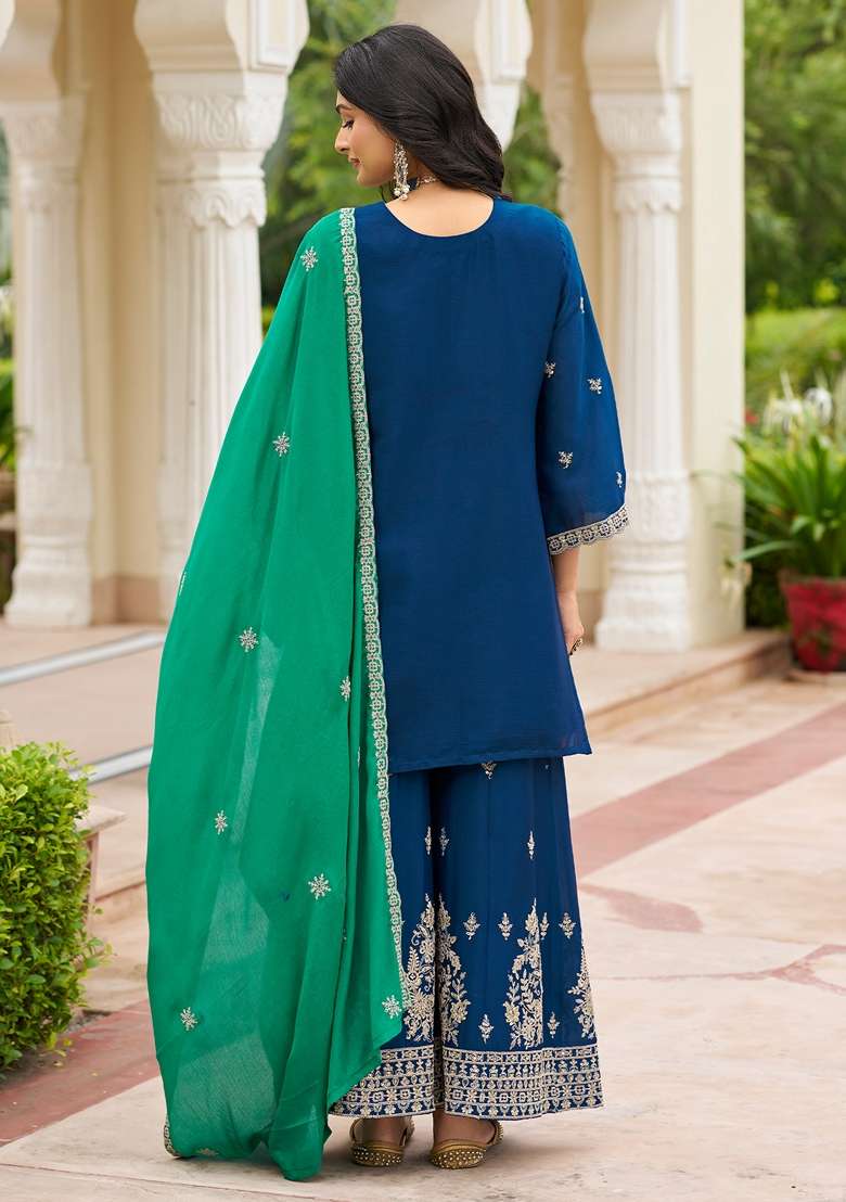 Navy Blue Embroidered Chinon Kurta Set - Indya