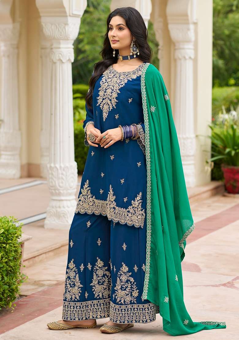 Navy Blue Embroidered Chinon Kurta Set - Indya