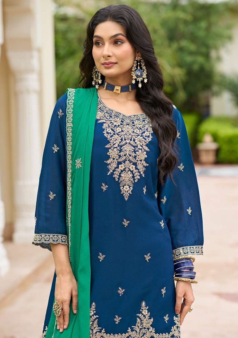 Navy Blue Embroidered Chinon Kurta Set - Indya