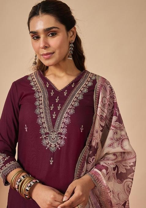 Burgundy Embroidered Viscose Kurta Set