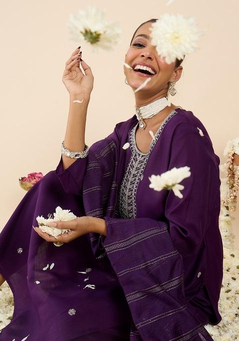 Purple Embroidered Silk Kurta Set