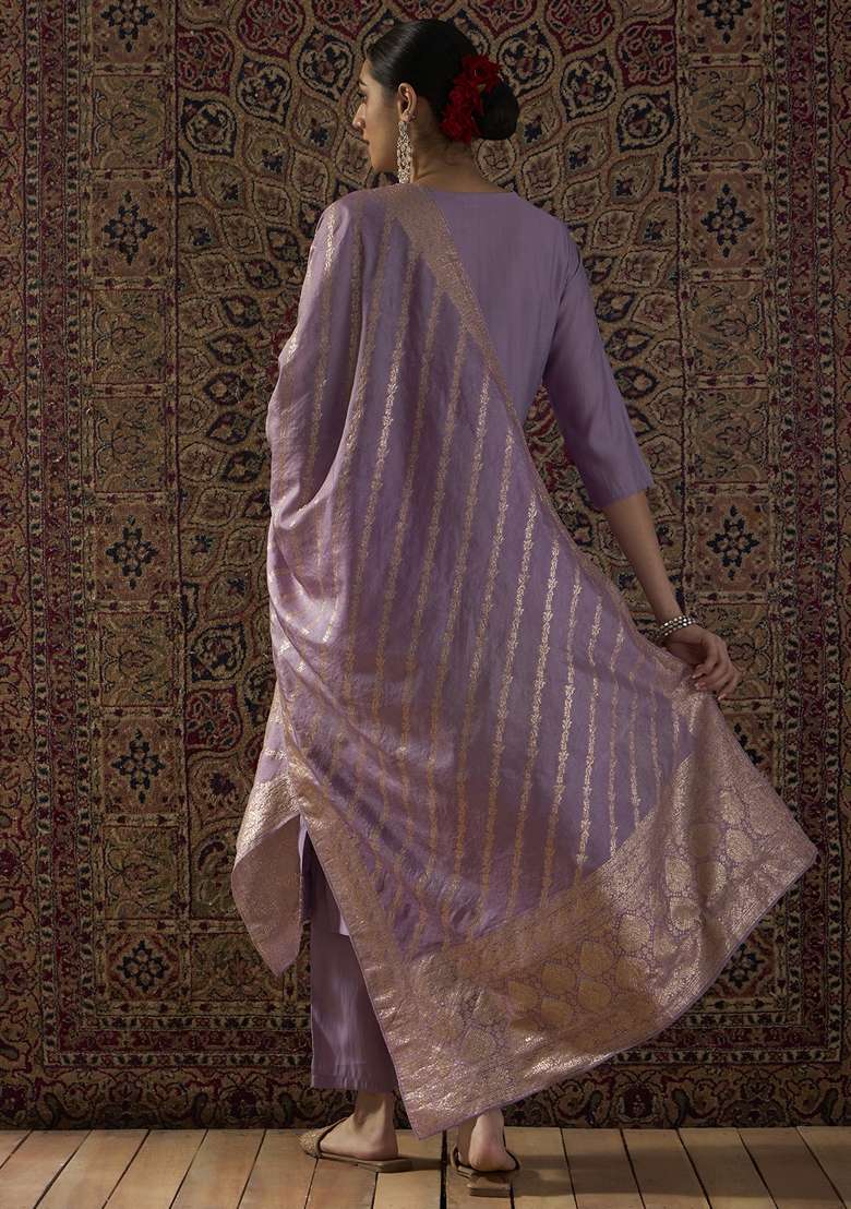 Purple Embroidered Silk Kurta Set - Indya