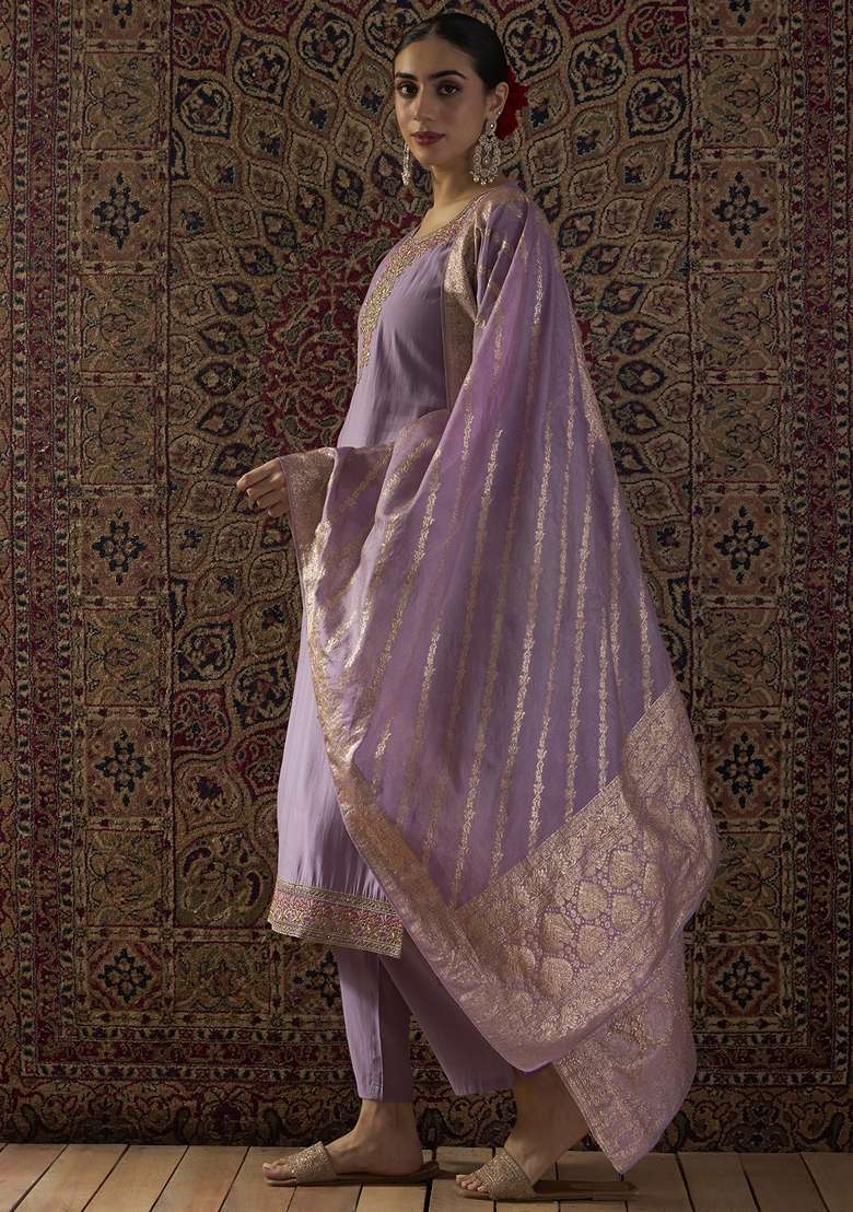 Purple Embroidered Silk Kurta Set - Indya