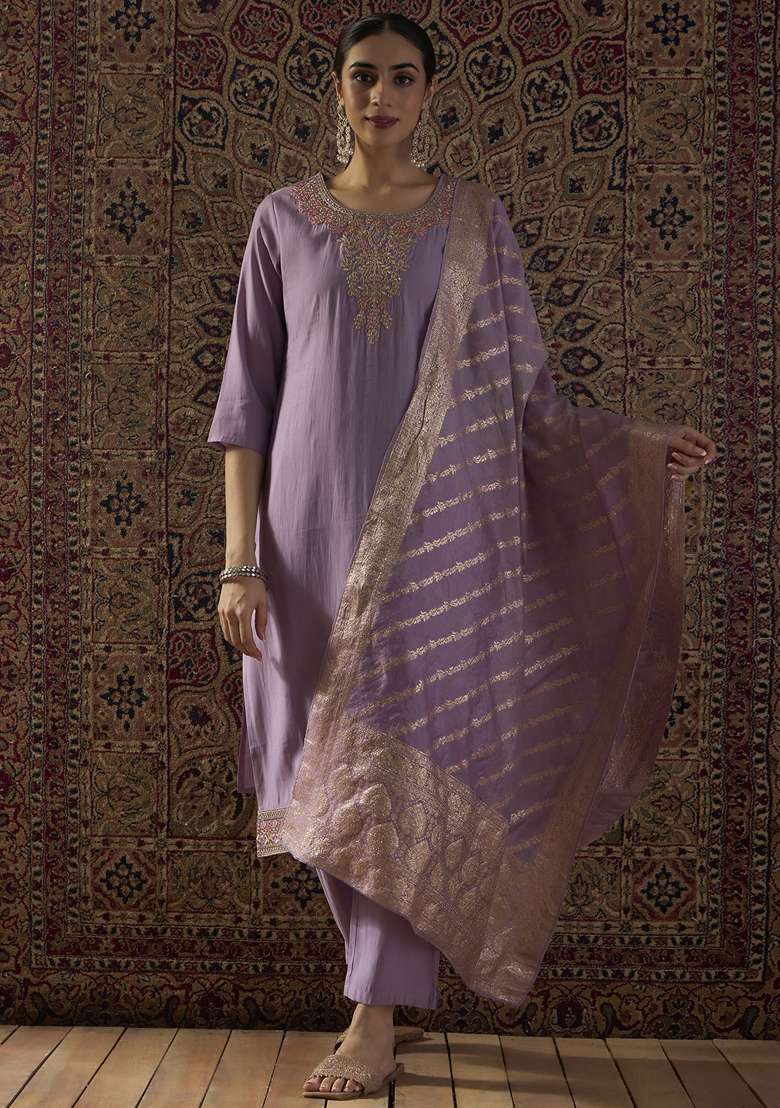 Purple Embroidered Silk Kurta Set - Indya