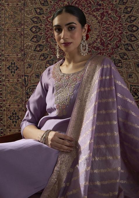Purple Embroidered Silk Kurta Set