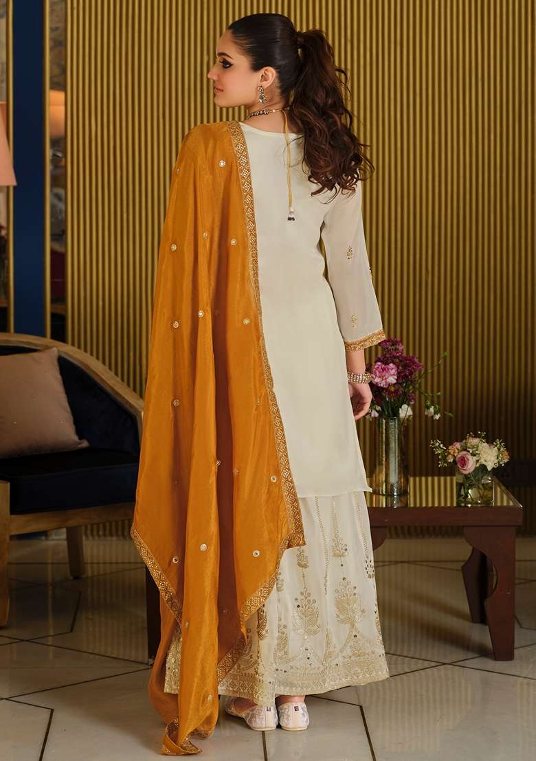 White Embroidered Silk Kurta Set - Indya