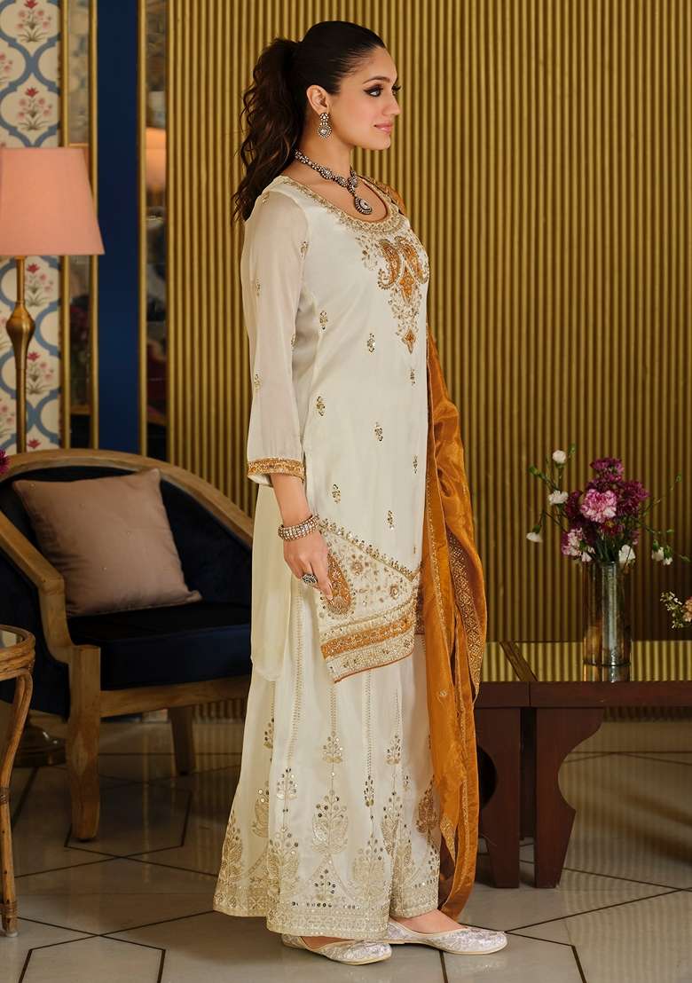 White Embroidered Silk Kurta Set - Indya