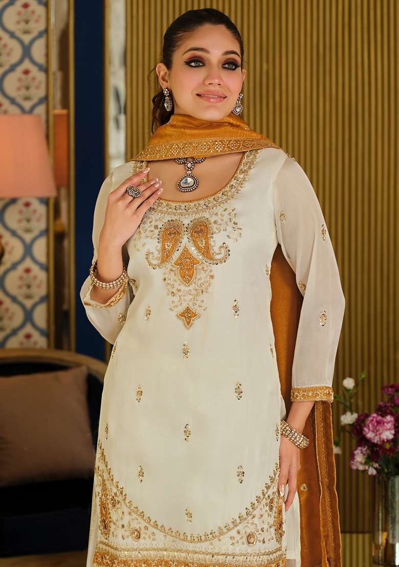 White Embroidered Silk Kurta Set - Indya