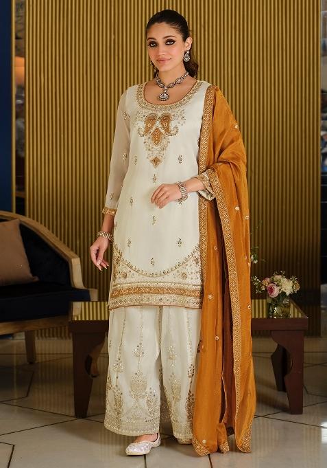 White Embroidered Silk Kurta Set