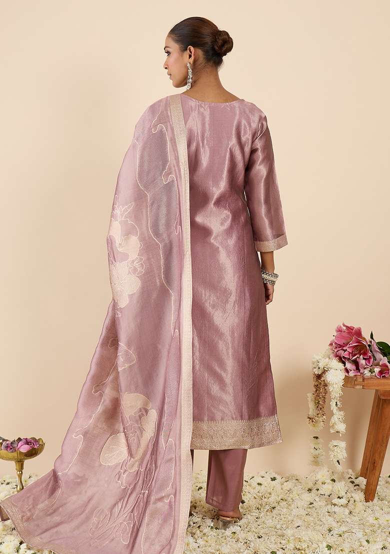 Lavender Woven Design Silk Kurta Set - Indya
