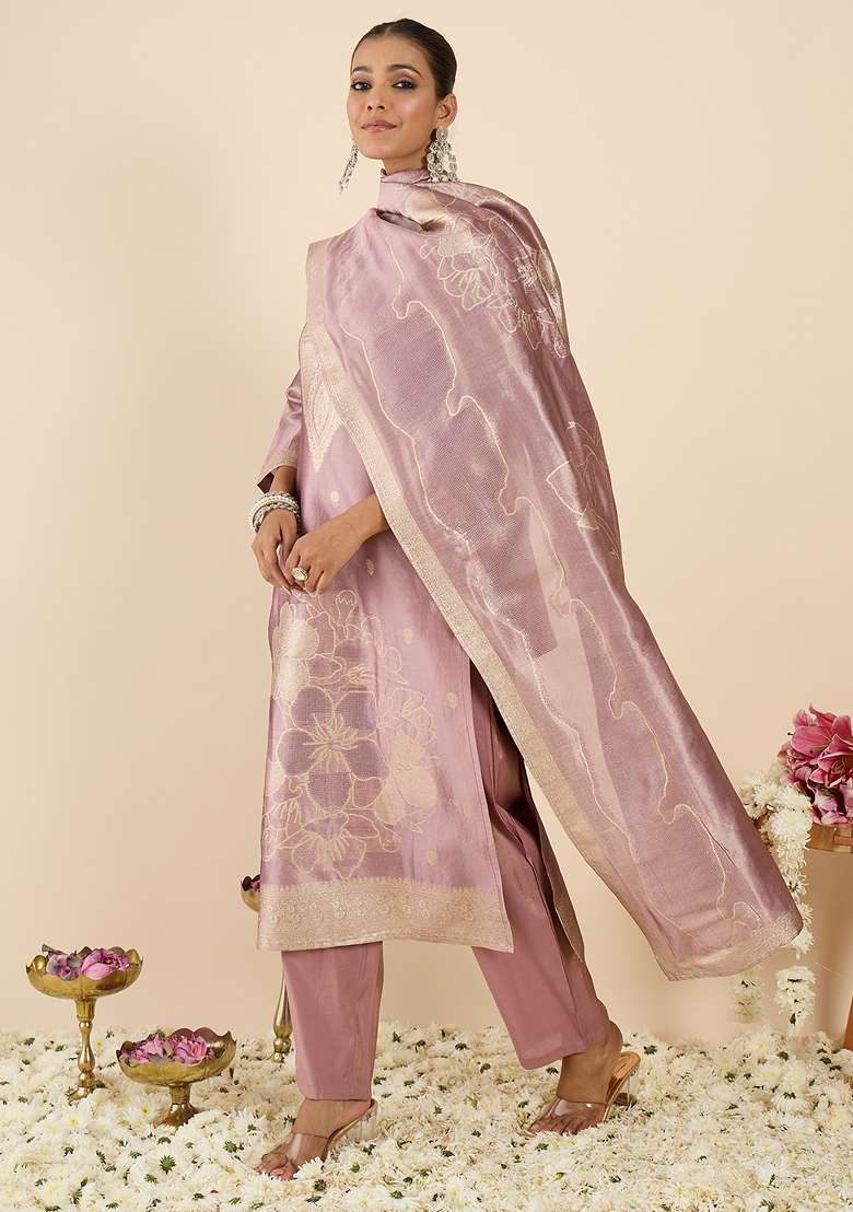 Lavender Woven Design Silk Kurta Set - Indya