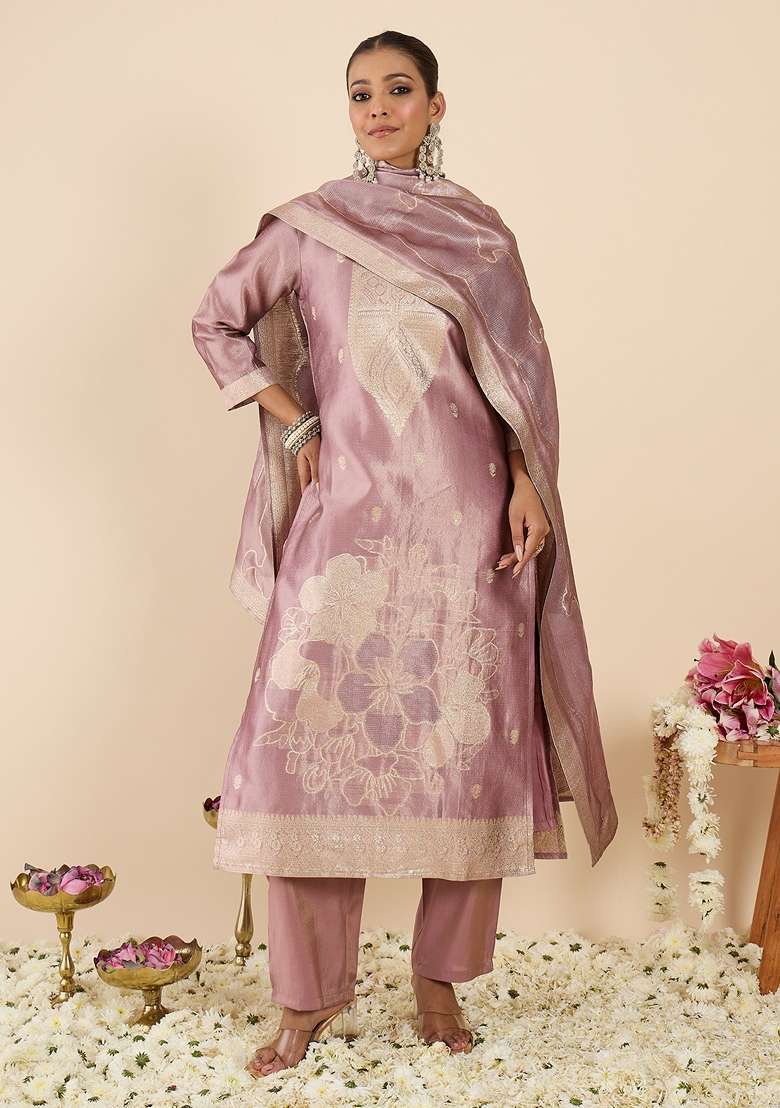 Lavender Woven Design Silk Kurta Set - Indya