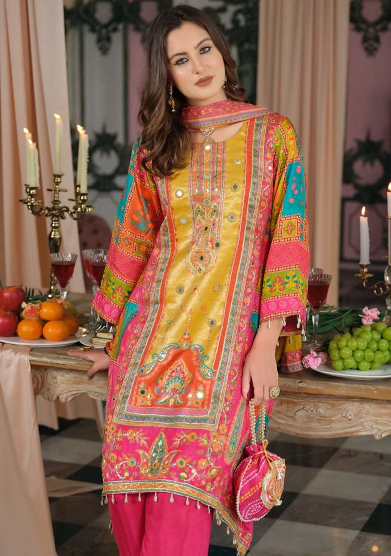 Multicolor Printed Silk Kurta Set - Indya