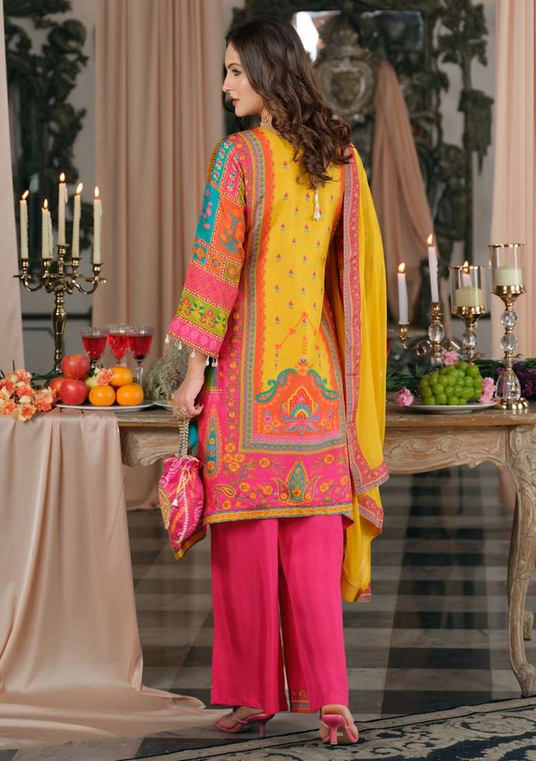 Multicolor Printed Silk Kurta Set - Indya