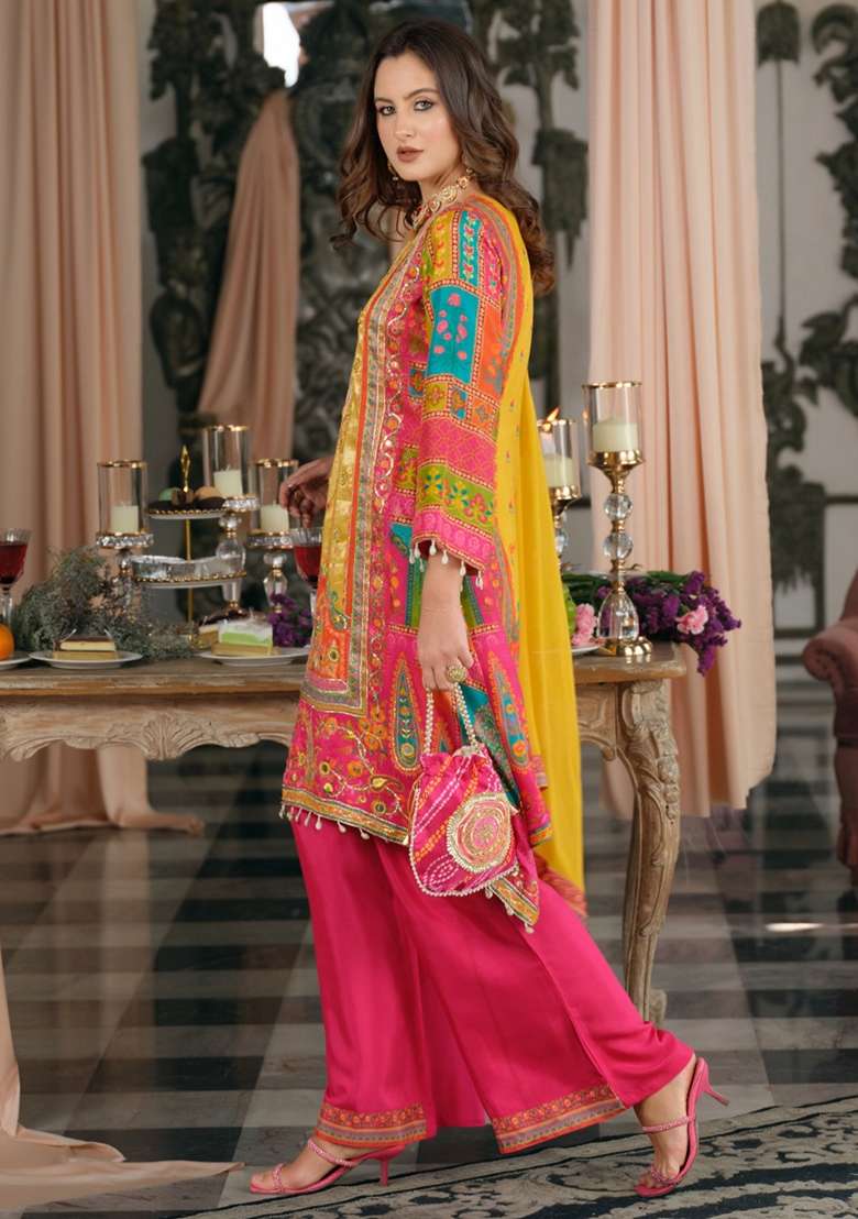 Multicolor Printed Silk Kurta Set - Indya