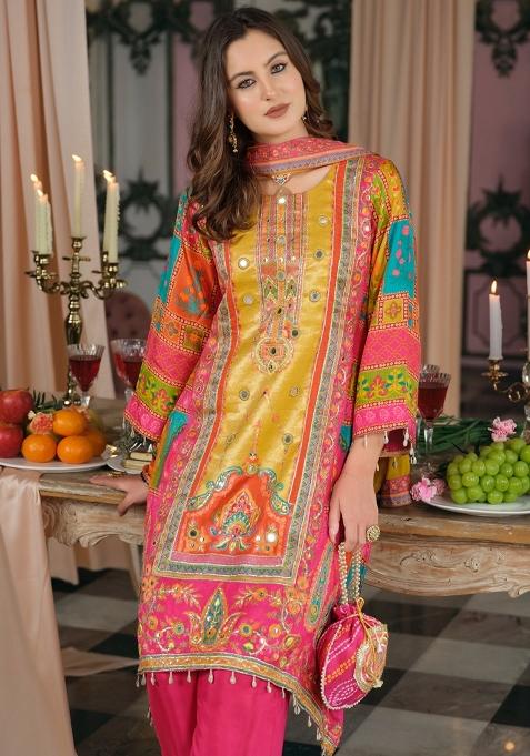 Multicolor Printed Silk Kurta Set