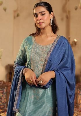 Sea Green Printed Silk Kurta Set
